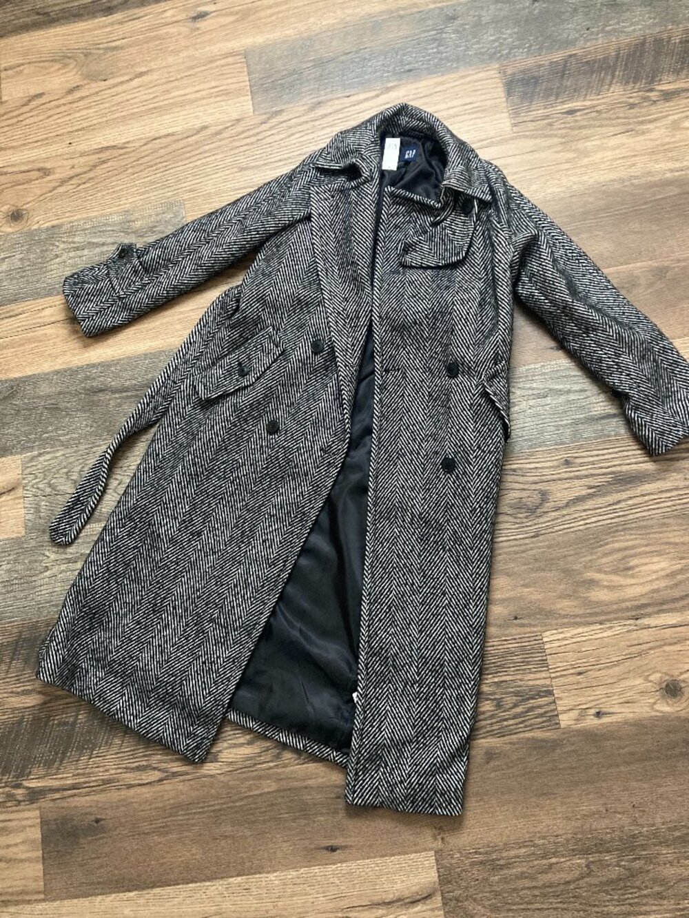 GAP NWT B&W Herringbone Double Breasted Belted Wool Blend Long Coat XXS $248